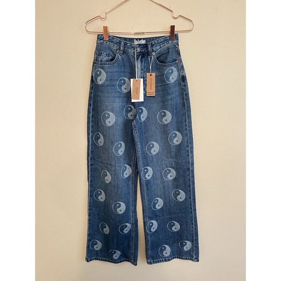 Ghanda Jeans Size 6 Ying Yang Beach Stamp Blue Wide Leg - Picture 9 of 16